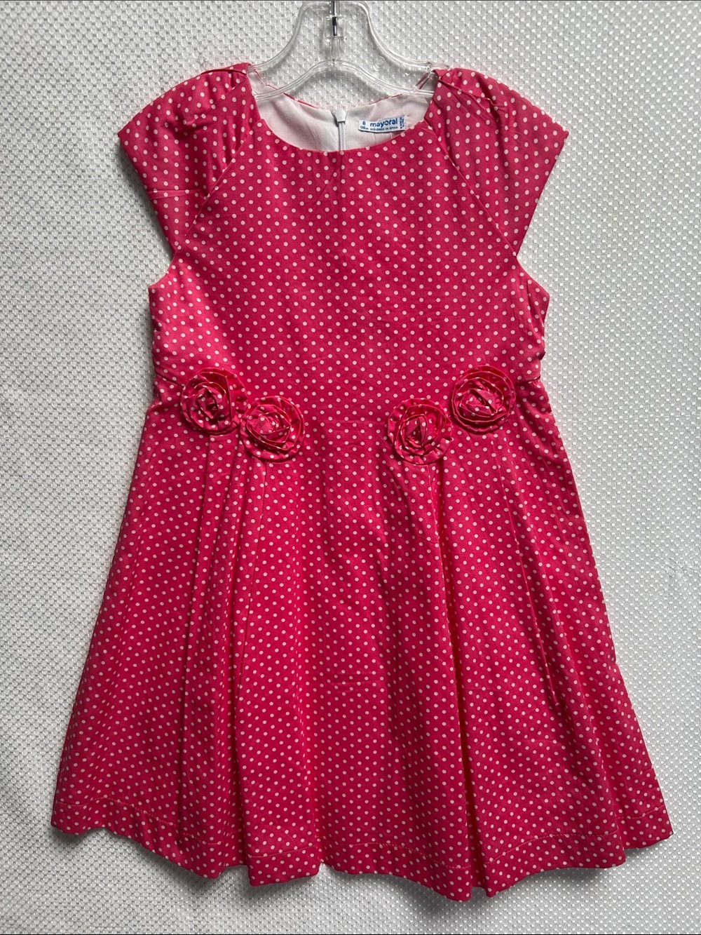 Mayoral Girls' Hot Pink Polka Dot Floral Waist Dress w/Rosettes. Lined. NWT!